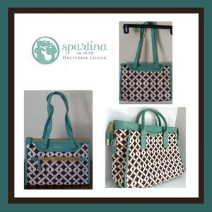 Spartina 449 Daufuskie Island Linen Brown/Cream Tote w/Turquoise Leather Trim